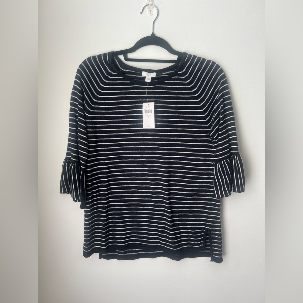 J.Jill Navy Blue and White Striped Quarter Bell Sleeve Knit Sweater Small NWT